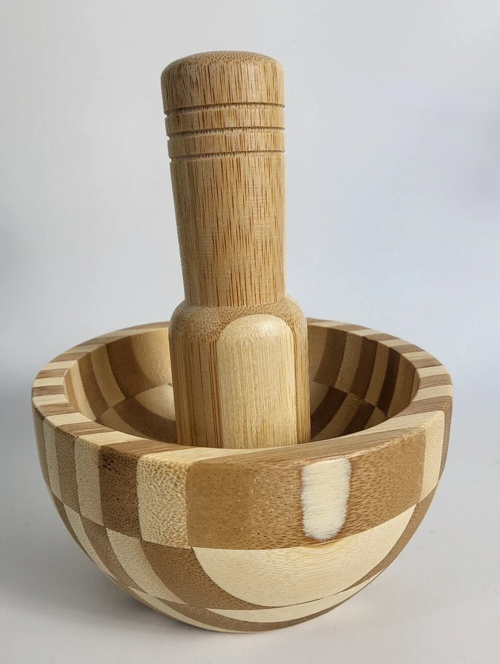 Natural Bamboo Mortar and Pestle - Two-Tone Wood Modern Organic Primitive Art
